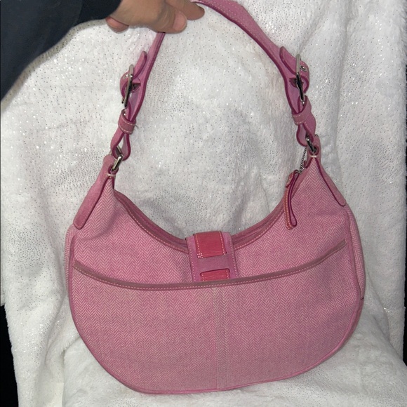 Coach RARE Vintage Suede Leather Canvas Pink Shoulder Bag with Buckle flap - Picture 11 of 17